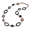 Long Black/ Brown Wooden Link Faux Suede Cord Necklace - 120cm L
