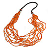 Statement Multistrand Orange Glass Bead, Brown Wood Bead Necklace - 110cm L