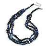 3 Strand Layered Glass/ Shell Bead Necklace In Dark Blue with Silver Tone Closure - 50cm L/ 6cm Ext