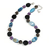 Dark Grey Glass Bead, Blue/ Black/ Purple Shell Necklace with Silver Tone Closure - 50cm L/ 4cm Ext
