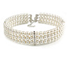 3 Row White Faux Glass Pearl Rigid Choker Necklace with Crystal Bar Detailing In Silver Tone - 36cm L/ 5cm Ext