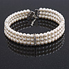 3 Row White Faux Glass Pearl Rigid Choker Necklace with Crystal Bar Detailing In Silver Tone - 36cm L/ 5cm Ext