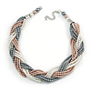 Statement Beige/ Grey/ White Glass Bead Plaited Necklace with Silver Closure - 44cm L/ 6cm Ext