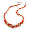 Stylish Cluster Shell and Glass Bead with Crystal Ring Necklace In Silver Tone (Orange) - 45cm L/ 5cm Ext