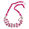 Long Stylish Shell and Glass Bead with Crystal Ring Necklace In Silver Tone (Deep Pink/ Plum/ Clear) - 84cm L/ 5cm Ext