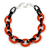 Statement Chunky Oval Link Acrylic Necklace (Black/ Orange) in Silver Tone - 63cm L/ 5cm Ext