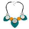 Statement Acrylic Leaf and Circle Motif Black Cotton Cord Necklace (Green, Yellow, Silver) - 50cm L/ 5cm Ext