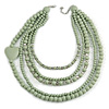 Statement Multistrand Layered Wood and Glass Bead Necklace with Heart Motif (Mint Green/ Light Grey) - 70cm L/ 5cm Ext
