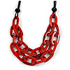 Trendy Red with Marble Effect Acrylic Large Oval Link Black Cord Necklace - 60cm L/ 5cm Ext