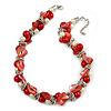 Exquisite Faux Pearl & Shell Composite Silver Tone Link Necklace In Peach Red/ White - 40cm L/ 5cm Ext