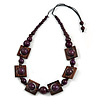 Chunky Square and Round Wood Bead Cotton Cord Necklace (Deep Purple/ Brown) - 74cm L