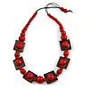 Chunky Square and Round Wood Bead Cotton Cord Necklace (Red/ Brown) - 74cm L