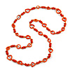 Long Orange Wood, Glass, Bone Beaded Necklace - 110cm L