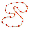 Long Wood Cube and Small Glass Bead Necklace (Orange/ Transparent/ White) - 120cm Long