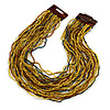 Dusty Yellow/ Peacock/ Bronze Glass Bead Multistrand, Layered Necklace With Wooden Square Closure - 60cm L