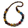 Multicoloured Cube and Ball Wood Bead Necklace - 76cm Long