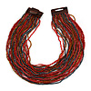 Ox Blood/ Peacock/ Bronze Glass Bead Multistrand, Layered Necklace With Wooden Square Closure - 60cm L