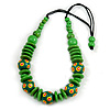 Lime Green Ball and Button Wood Bead Black Cotton Cord Necklace - 66cm Long