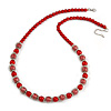Red Glass Bead with Silver Tone Metal Wire Element Necklace - 70cm L/ 5cm Ext