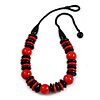 Chunky Red/ Black Round and Button Wood Bead Cotton Cord Necklace - 66cm Long