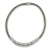 Mouse Grey Leather with Polished Silver Tone Metal Rings Magnetic Necklace - 43cm L