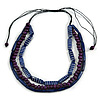 3 Strand Layered Wood Bead Cord Necklace In Blue/ Purple - 44cm up to 56cm Adjustable