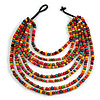 Multicoloured Multistrand Layered Bib Style Wood Bead Necklace - 40cm Shortest/ 70cm Longest Strand