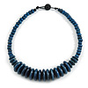 Worn Denim Blue Button, Round Wood Bead Wire Necklace - 46cm L