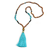 Turquoise Nugget, Brown/ Black Seed Beaded Necklace with Buddha Lucky Charm/ Mint Green Silk Tassel Pendant - 86cm L/ 13cm Tassel