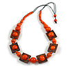 Chunky Square and Round Wood Bead Cotton Cord Necklace ( Orange/ Brown) - 78cm L