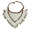 Statement Glass Bead Bib Style/ Fringe Necklace In Snow White/ Bronze - 40cm Long/ 17cm Front Drop