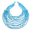 Statement Long Layered Multistrand Glass Bead and Semiprecious Stone Necklace In Light Blue - 86cm Long