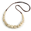 Cream Patterned Ceramic/ Clay Bead Brown Silk Cords Necklace - Adjustable - 60cm to 70cm Long