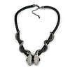 Austrian Crystal 'Double Snake' Black Leather Cord Necklace In Gunmetal - 46cm L/ 8cm Ext