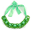 Contemporary Acrylic Ring Bib with Silk Ribbon Necklace in Green - 46cm Long