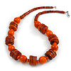 Orange Wood Button & Bead Chunky Necklace - 60cm Long