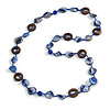 Dark Blue Shell, Brown Wood Ring and Neon Blue Glass Beads Necklace - 80cm Long