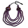 Layered Multistrand Purple Wood Bead Black Cord Necklace - 100cm L