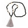 Statement Black Faux Tree Seed and Transparent Acrylic Bead Necklace with Light Grey Silk Tassel - 94cm L/ 10cm Tassel