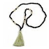 Statement Black Faux Tree Seed and Transparent Acrylic Bead Necklace with Light Green Silk Tassel - 94cm L/ 10cm Tassel