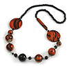 Stylish Animal Print Wooden Bead Necklace (Orange/ Black) - 80cm Long