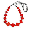 Long Red Bone Square Bead Black Cotton Cord Necklace - 82cm L