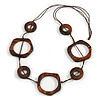 Long Geometric Wooden Bead Cotton Cord Necklace in Brown - 80cm Long