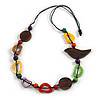 Multicoloured Bone and Wood Bead Black Cord Necklace - 80cm Long - Adjustable