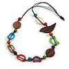 Multicoloured Bone and Wood Bead Black Cord Necklace - 80cm Long - Adjustable