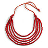 Red Multistrand Layered Wood Bead with Cotton Cord Necklace - 90cm Max length- Adjustable