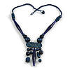 Tribal Wood/ Ceramic Bead Cotton Cord Necklace in Dark Blue - 60cm Long/ 10cm Long Front Drop