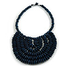 Statement Dark Blue Wood Bead Bib Necklace - 44cm Long/ 10cm Drop