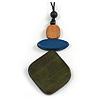 Green/ Blue/ Brown Geometric Wood Pendant with Black Waxed Cotton Cord - 86cm Long/ 10cm Pendant