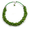 Lime Green Cluster Wood Bead Cotton Cord Necklace - 52cm L/ 4cm Ext